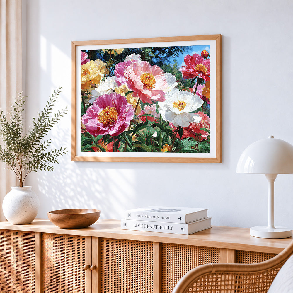 Vibrant peony garden in bloom cross stitch artwork displayed on wall as home decor