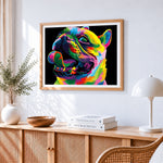 Vibrant pop art bulldog cross stitch artwork displayed on wall as home decor