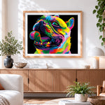 Finished vibrant pop art bulldog paint by numbers artwork displayed as home decor