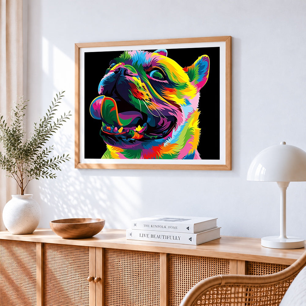 Vibrant pop art bulldog paint by numbers artwork displayed on wall as home decor
