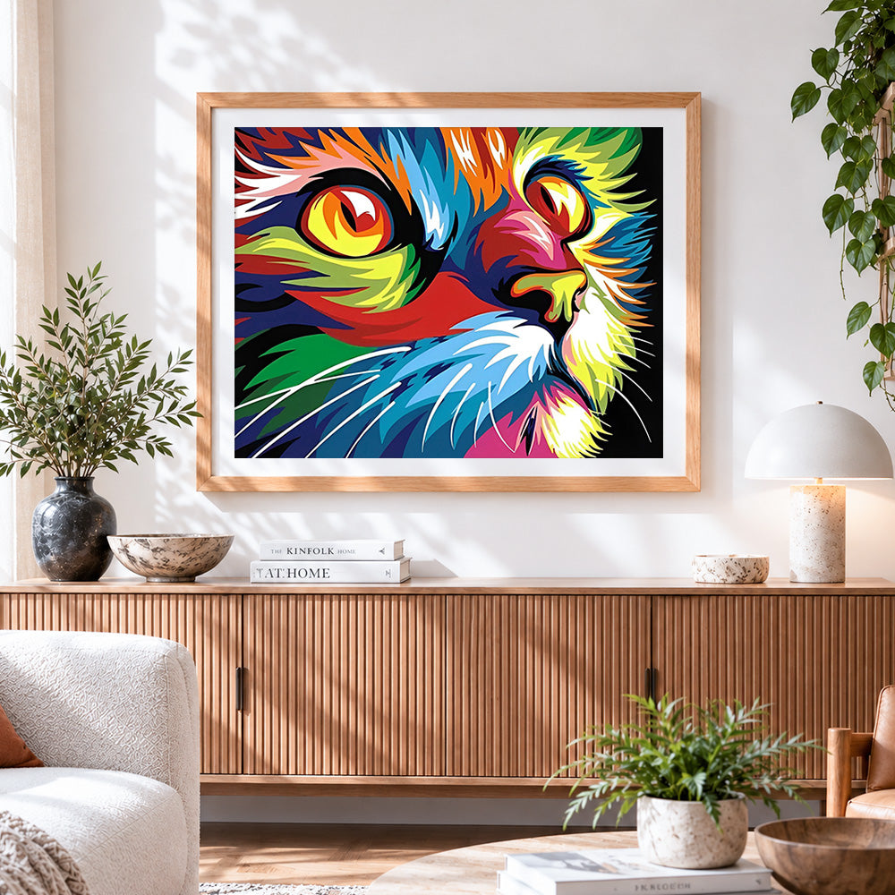 Finished vibrant pop art cat eye close up cross stitch artwork displayed