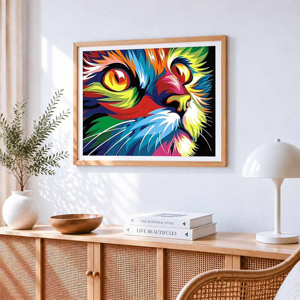Vibrant pop art cat eye close up paint by numbers artwork displayed on wall as home decor