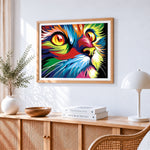 Vibrant pop art cat eye close up paint by numbers artwork displayed on wall as home decor