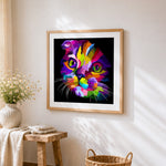 Vibrant pop art cat face cross stitch artwork displayed on wall as home decor