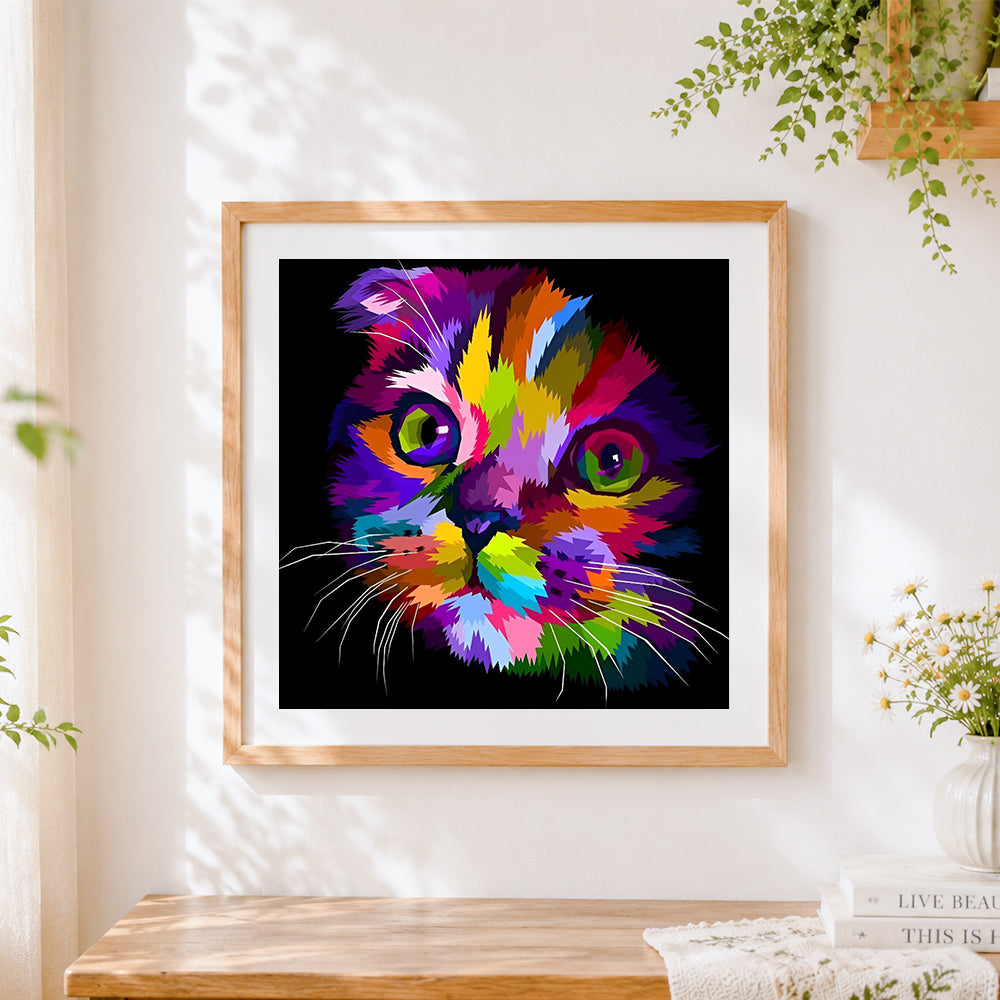 Finished vibrant pop art cat face paint by numbers artwork displayed as home decor