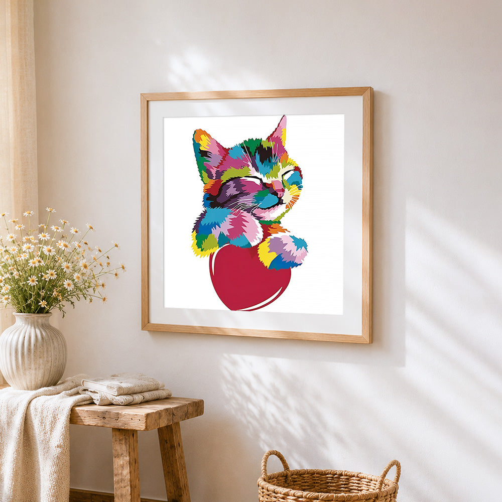 Vibrant pop art cat on a red heart cross stitch artwork displayed on wall as home decor