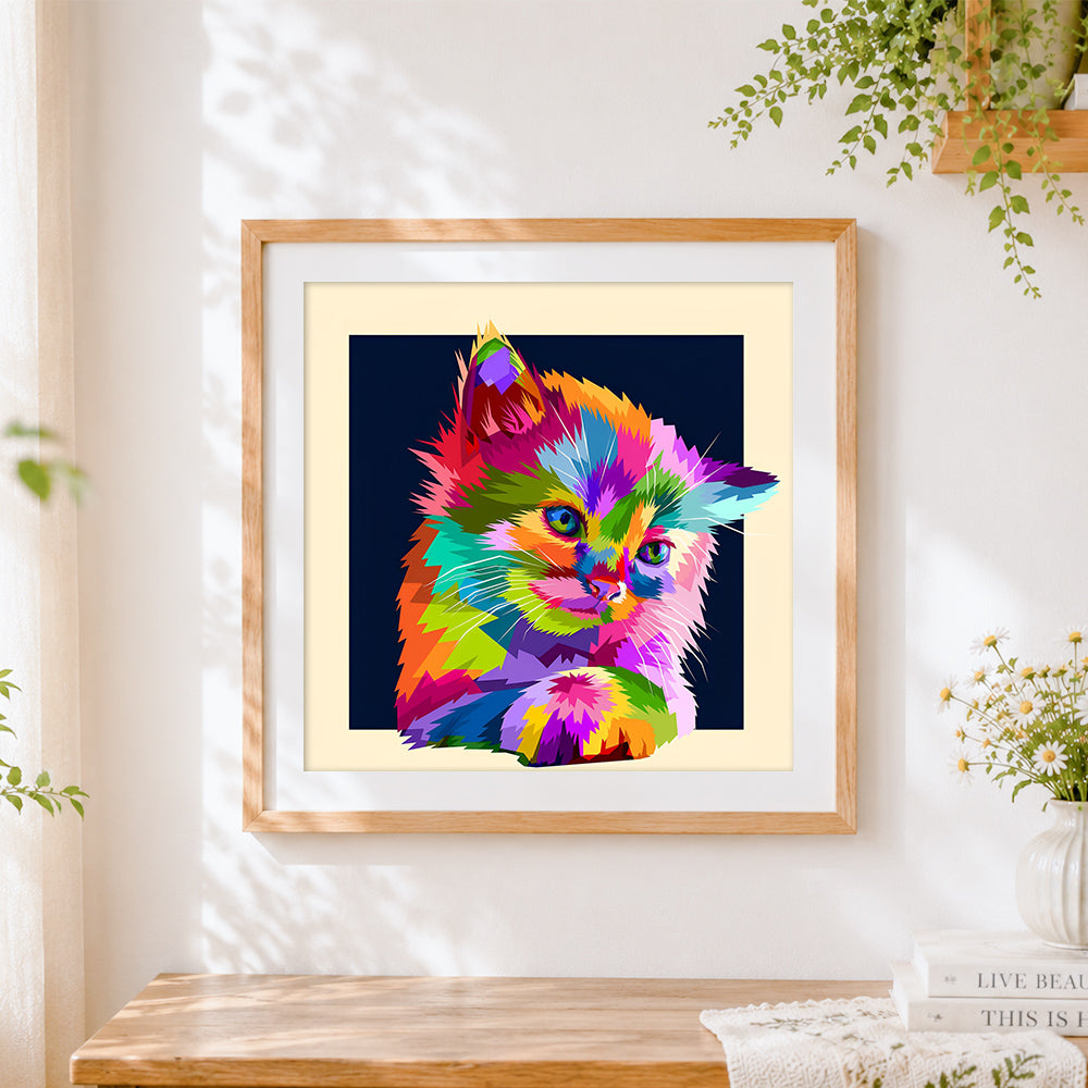 Finished vibrant pop art cat paint by numbers artwork displayed as home decor