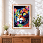 Finished vibrant pop art cat portrait paint by numbers artwork displayed as home decor