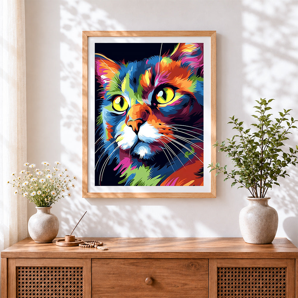 Finished vibrant pop art cat portrait paint by numbers artwork displayed as home decor
