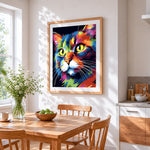 Vibrant pop art cat portrait paint by numbers artwork displayed on wall as home decor