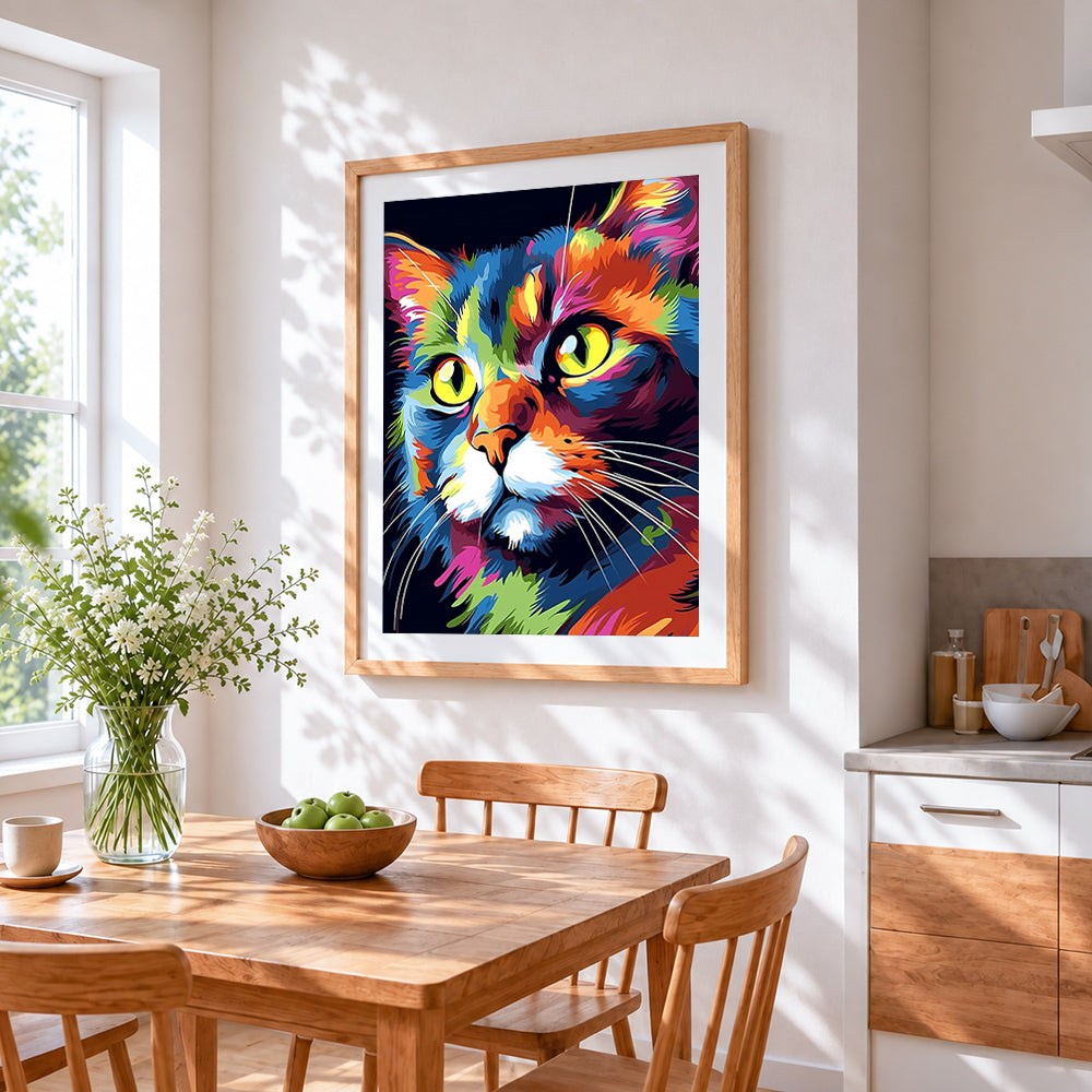 Vibrant pop art cat portrait paint by numbers artwork displayed on wall as home decor