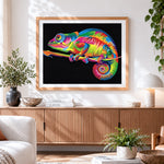 Finished vibrant pop art chameleon cross stitch artwork displayed