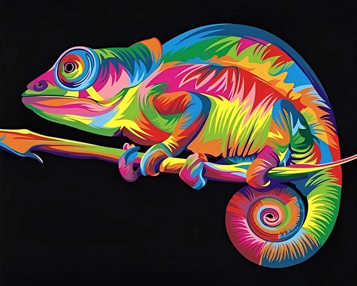 Vibrant pop art chameleon cross stitch kit for beginners