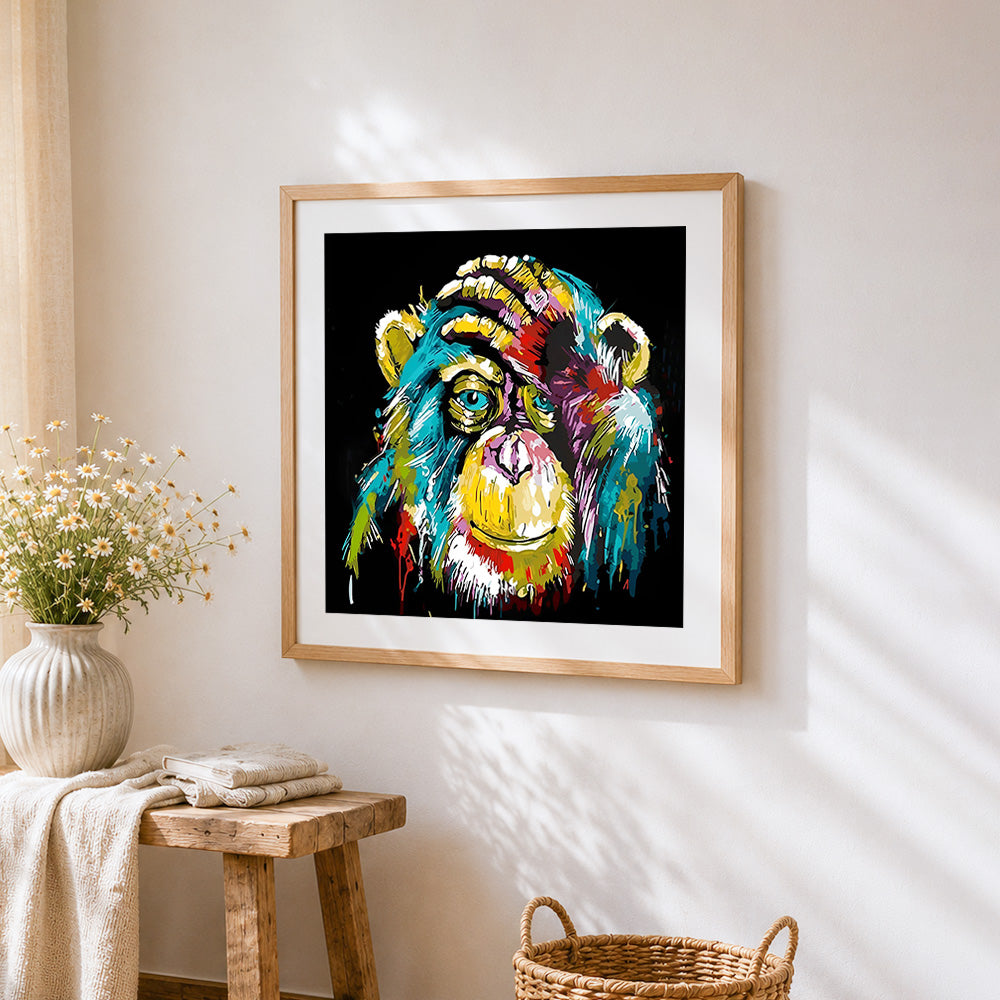 Vibrant pop art chimpanzee portrait paint by numbers artwork displayed on wall as home decor