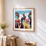 Vibrant pop art cows cross stitch artwork displayed on wall as home decor