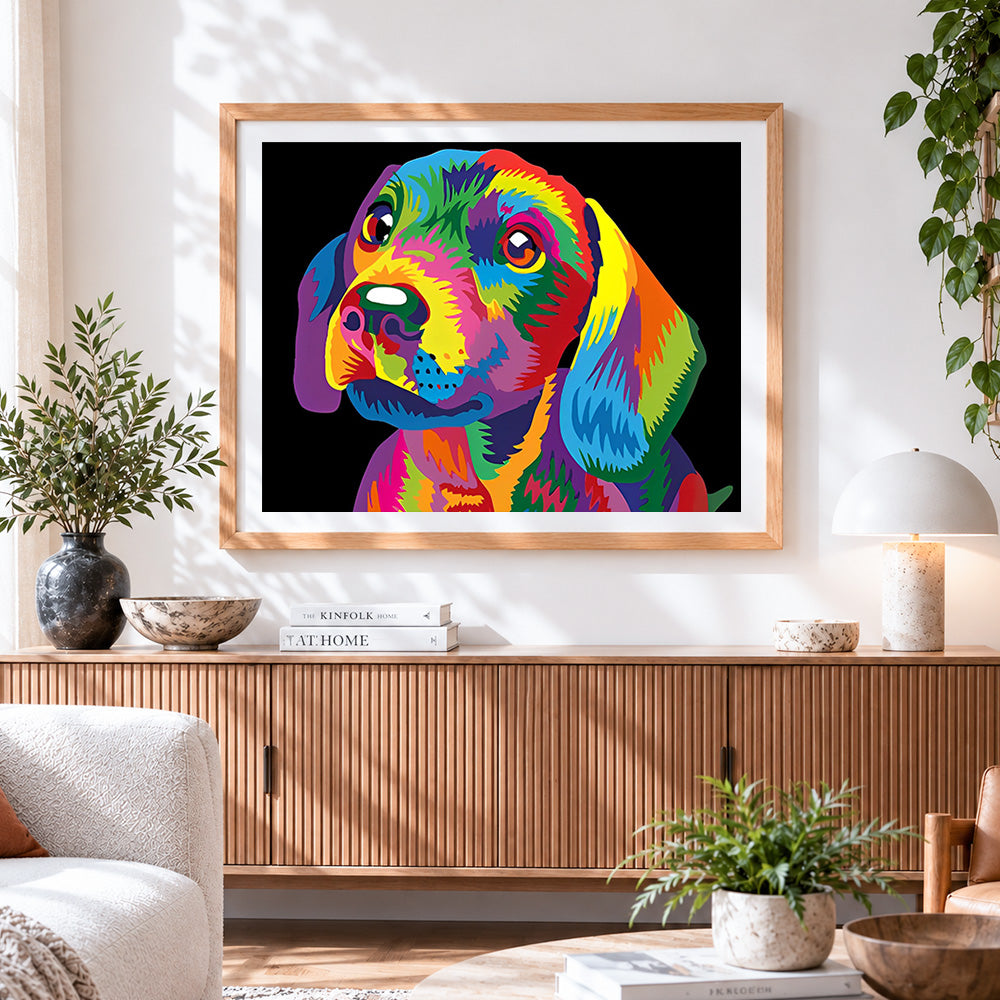 Finished vibrant pop art dog cross stitch artwork displayed