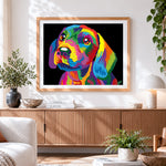 Finished vibrant pop art dog cross stitch artwork displayed
