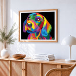 Vibrant pop art dog cross stitch artwork displayed on wall as home decor