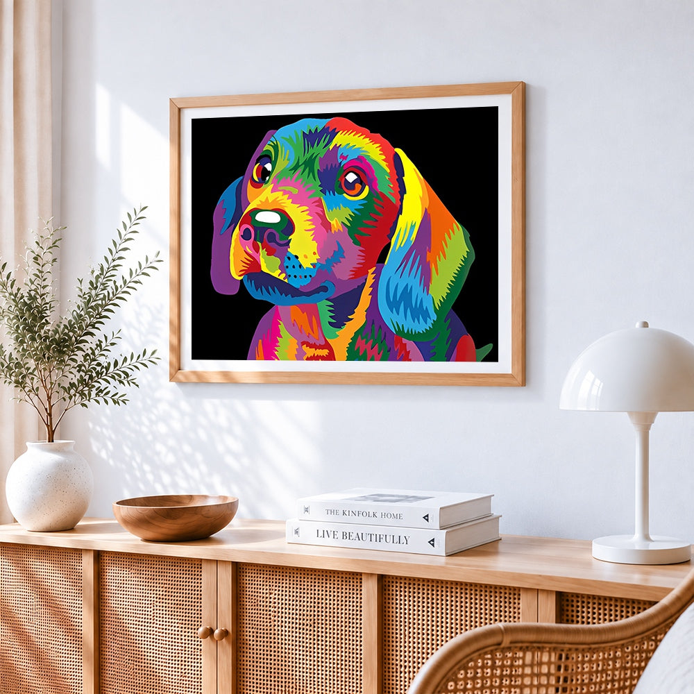 Vibrant pop art dog cross stitch artwork displayed on wall as home decor