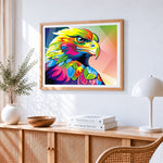 Vibrant pop art eagle cross stitch artwork displayed on wall as home decor