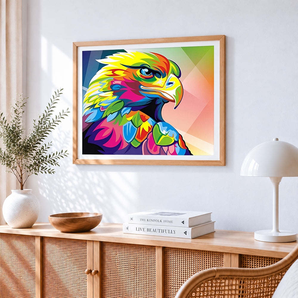 Vibrant pop art eagle cross stitch artwork displayed on wall as home decor
