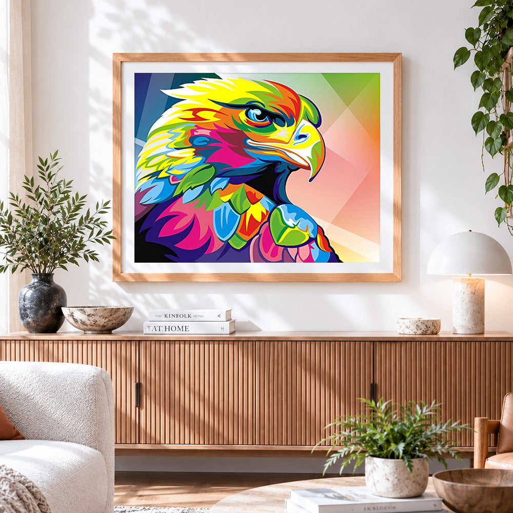 Finished vibrant pop art eagle paint by numbers artwork displayed as home decor