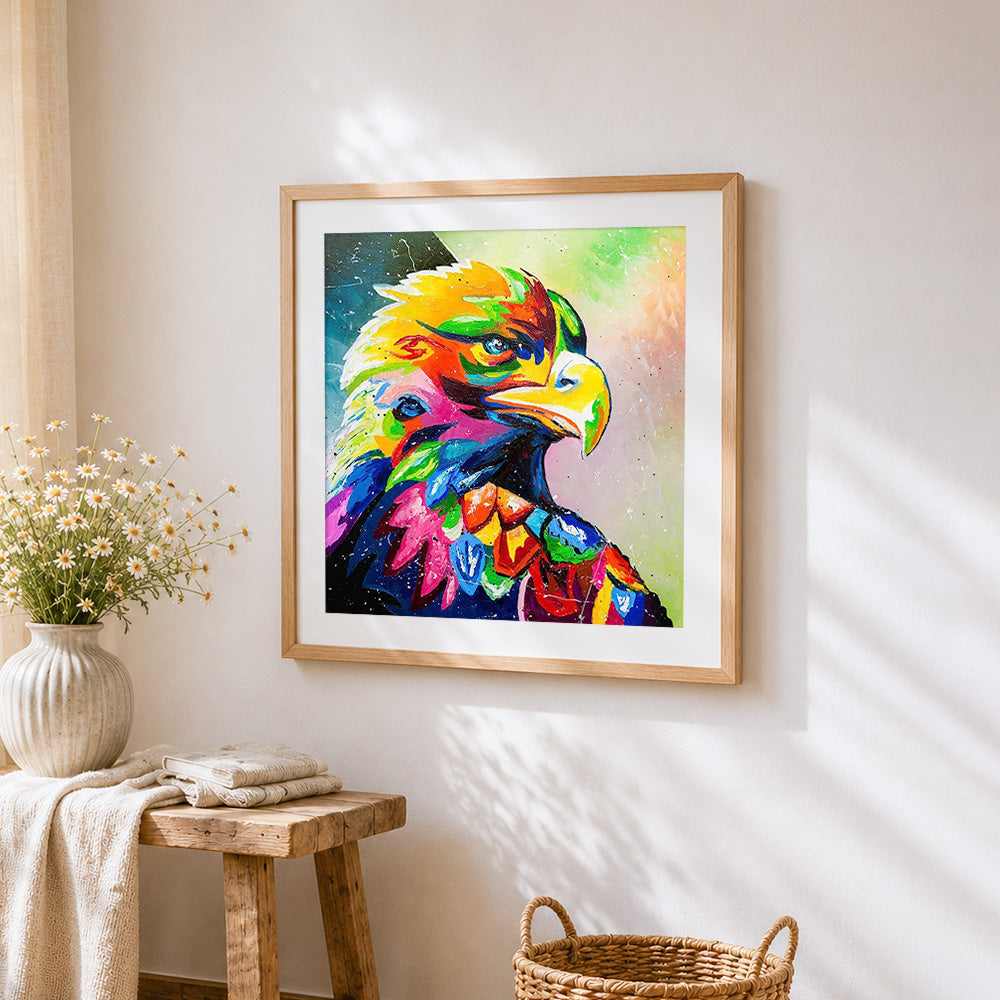 Vibrant pop art eagle portrait paint by numbers artwork displayed on wall as home decor