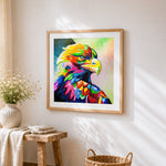Vibrant pop art eagle portrait paint by numbers artwork displayed on wall as home decor