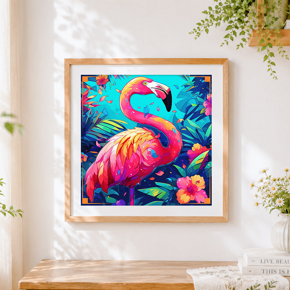 Finished vibrant pop art flamingo in tropical leaves cross stitch artwork displayed