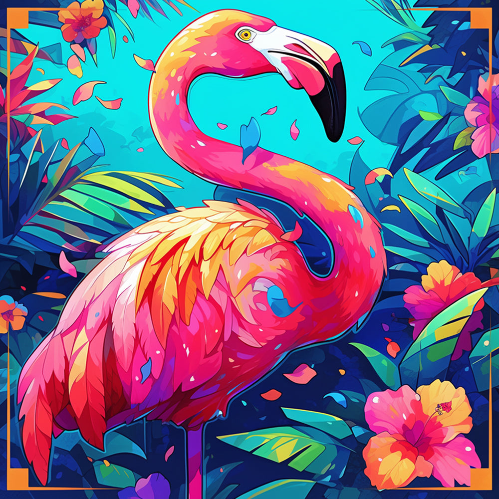 Vibrant pop art flamingo in tropical leaves cross stitch kit for beginners