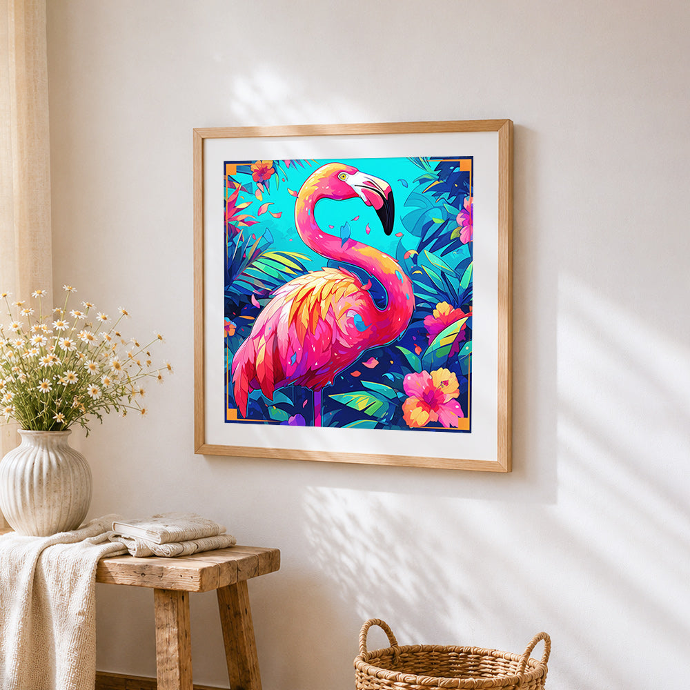 Vibrant pop art flamingo in tropical leaves cross stitch artwork displayed on wall as home decor