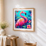 Vibrant pop art flamingo in tropical leaves cross stitch artwork displayed on wall as home decor