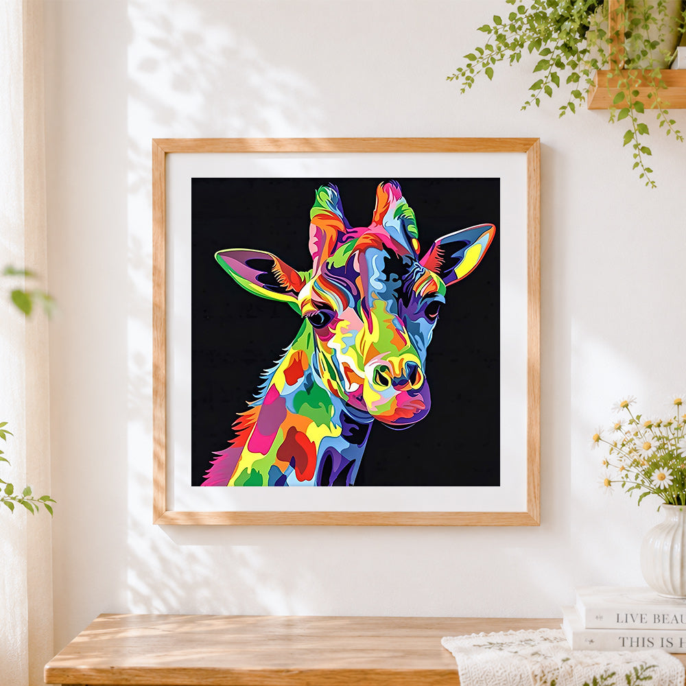 Finished vibrant pop art giraffe paint by numbers artwork displayed as home decor