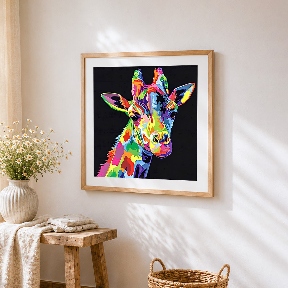 Vibrant pop art giraffe paint by numbers artwork displayed on wall as home decor