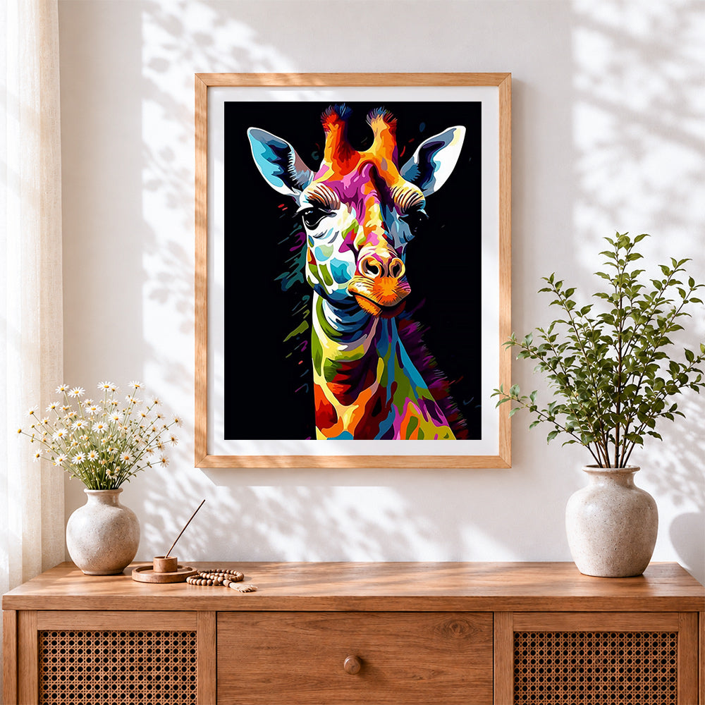 Finished vibrant pop art giraffe portrait cross stitch artwork displayed