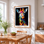 Vibrant pop art giraffe portrait cross stitch artwork displayed on wall as home decor