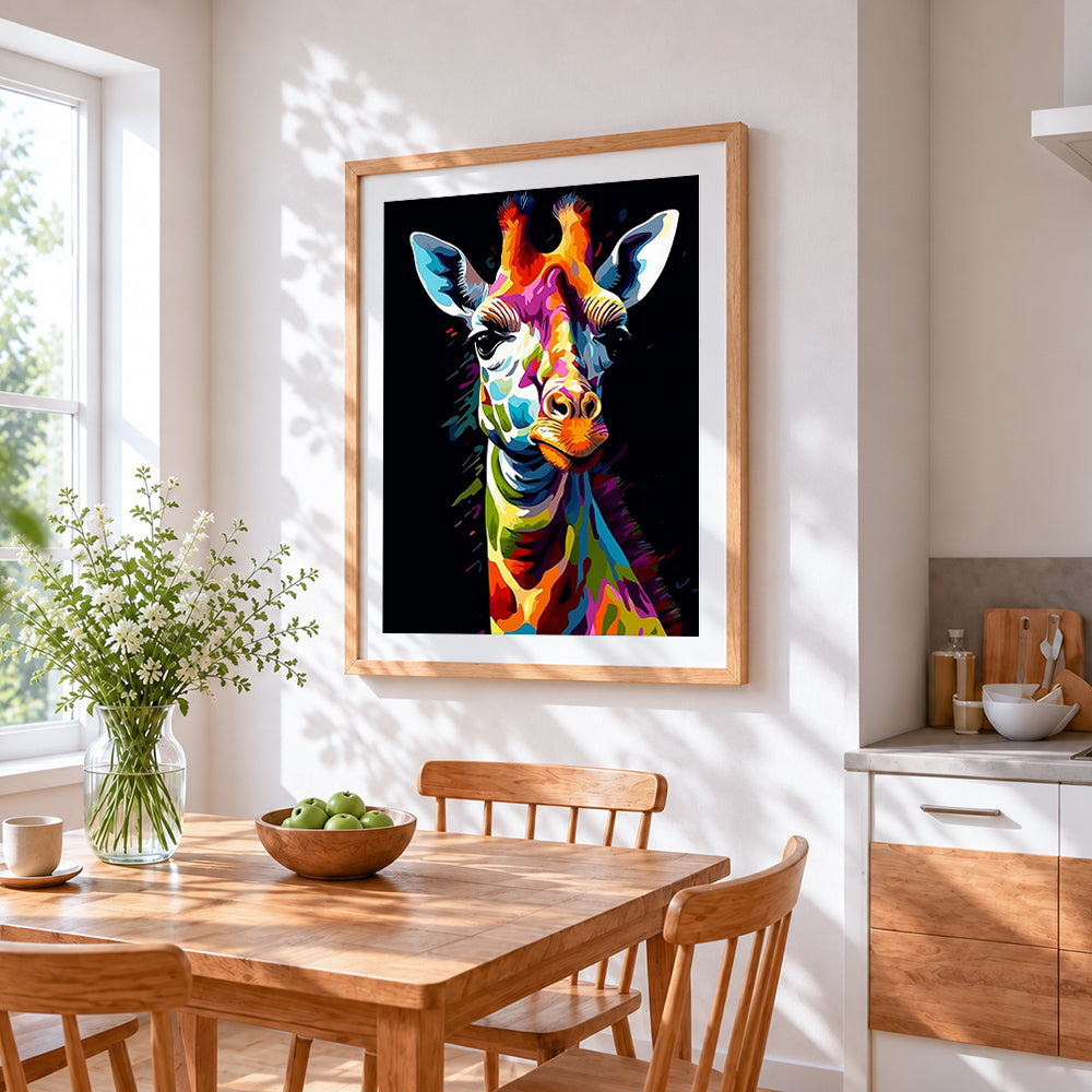 Vibrant pop art giraffe portrait cross stitch artwork displayed on wall as home decor