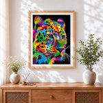 Finished vibrant pop art leopard cross stitch artwork displayed