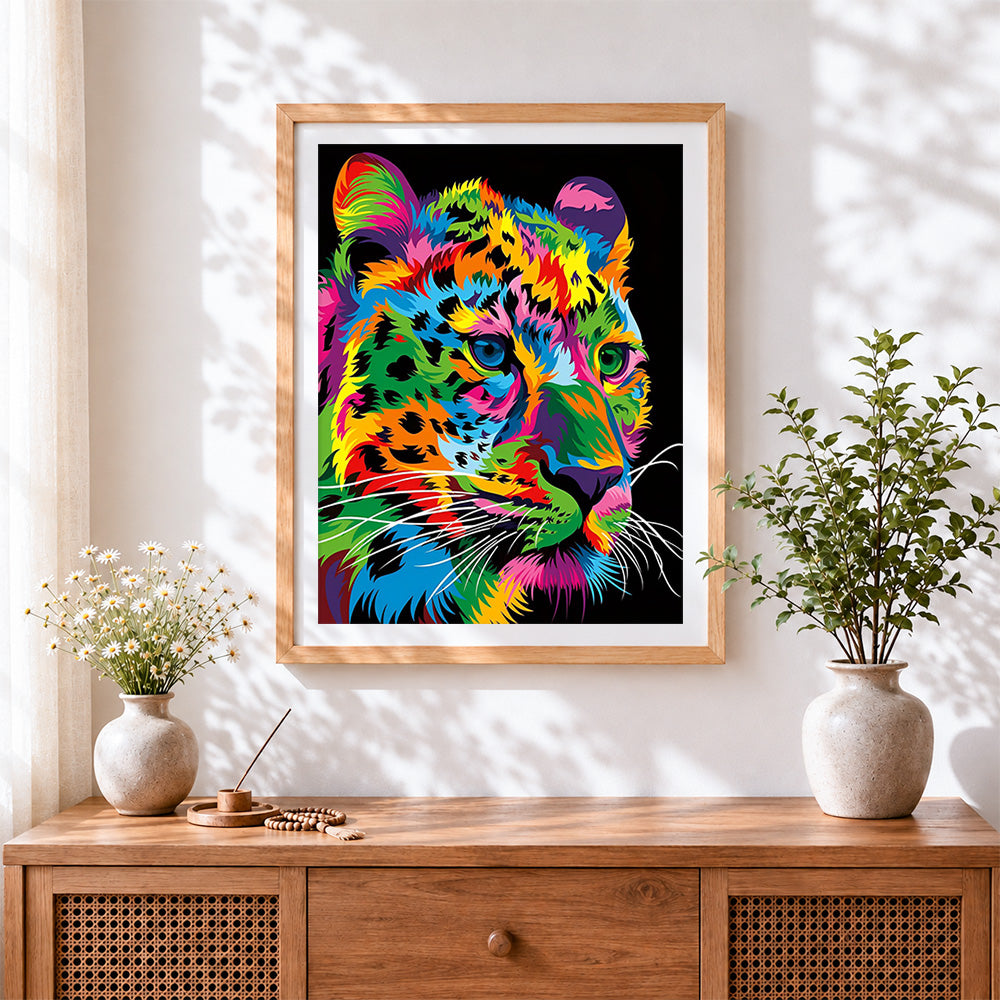 Finished vibrant pop art leopard cross stitch artwork displayed