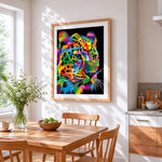 Vibrant pop art leopard cross stitch artwork displayed on wall as home decor