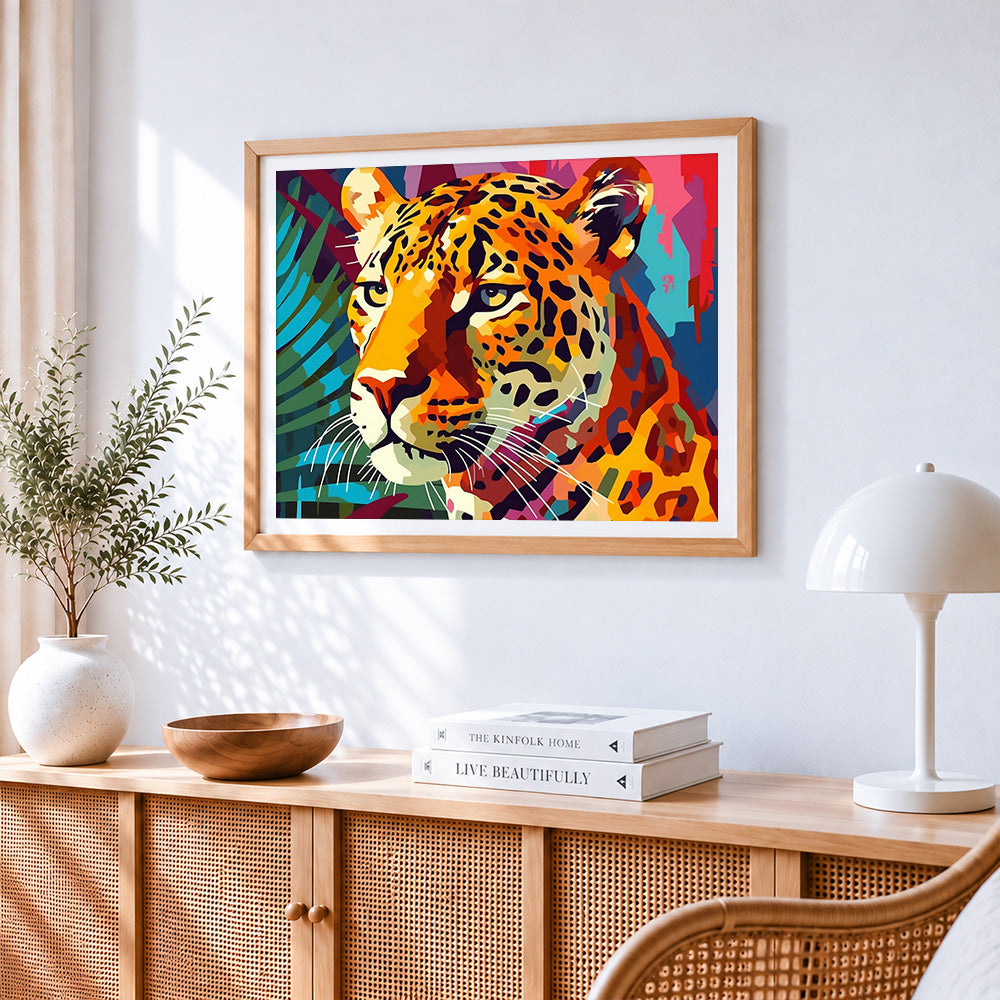Vibrant pop art leopard portrait cross stitch artwork displayed on wall as home decor