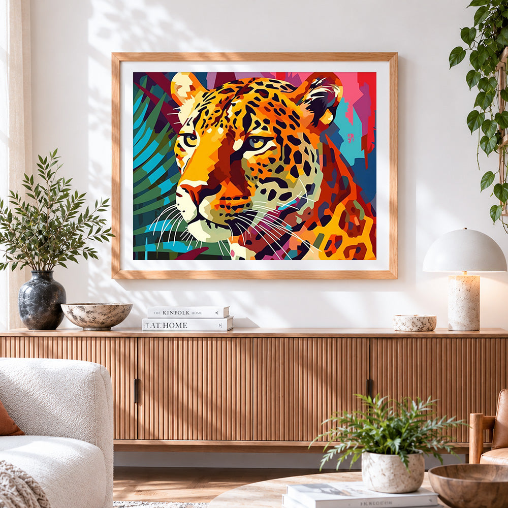 Finished vibrant pop art leopard portrait paint by numbers artwork displayed as home decor