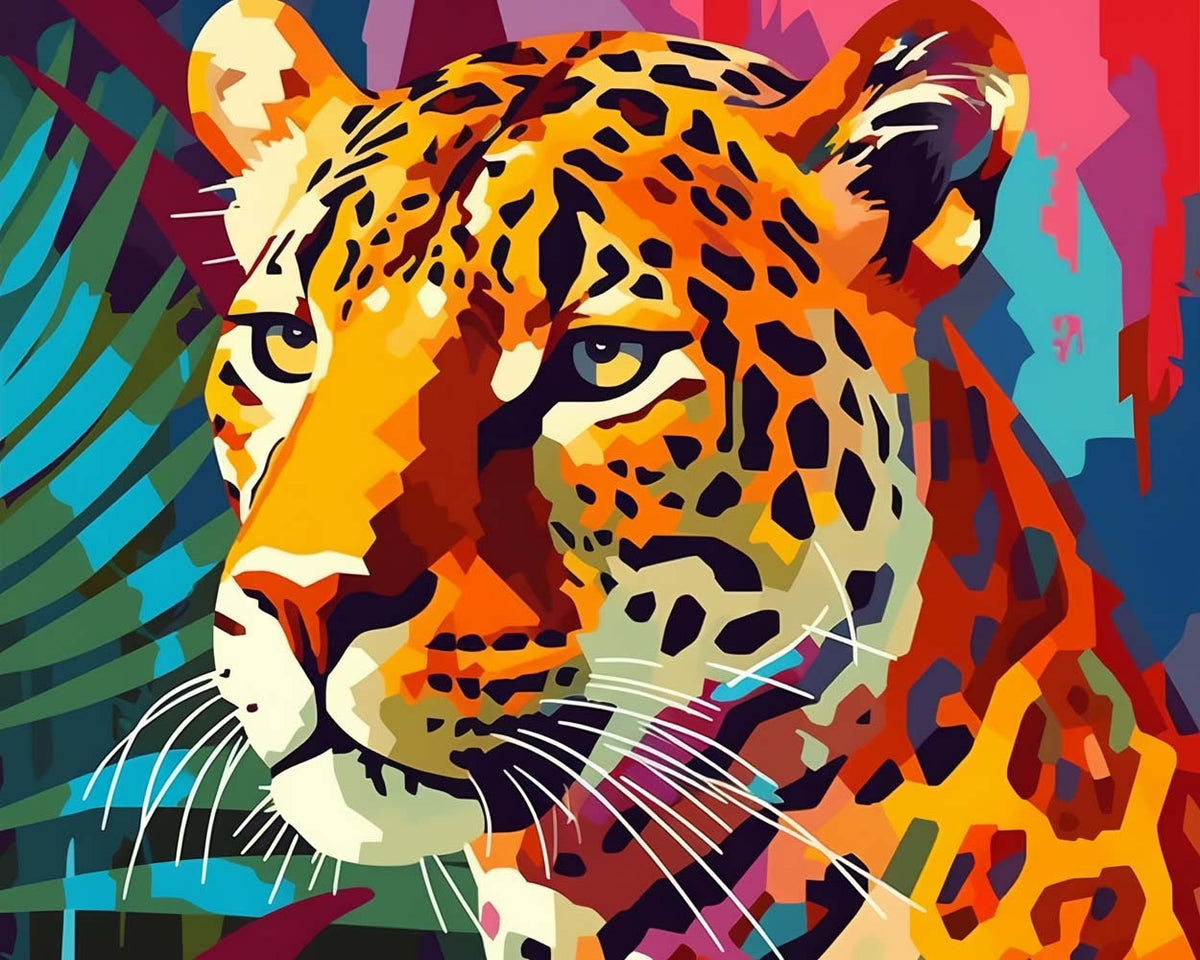 Vibrant pop art leopard portrait paint by numbers kit for beginners