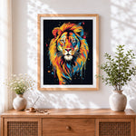 Finished vibrant pop art lion cross stitch artwork displayed