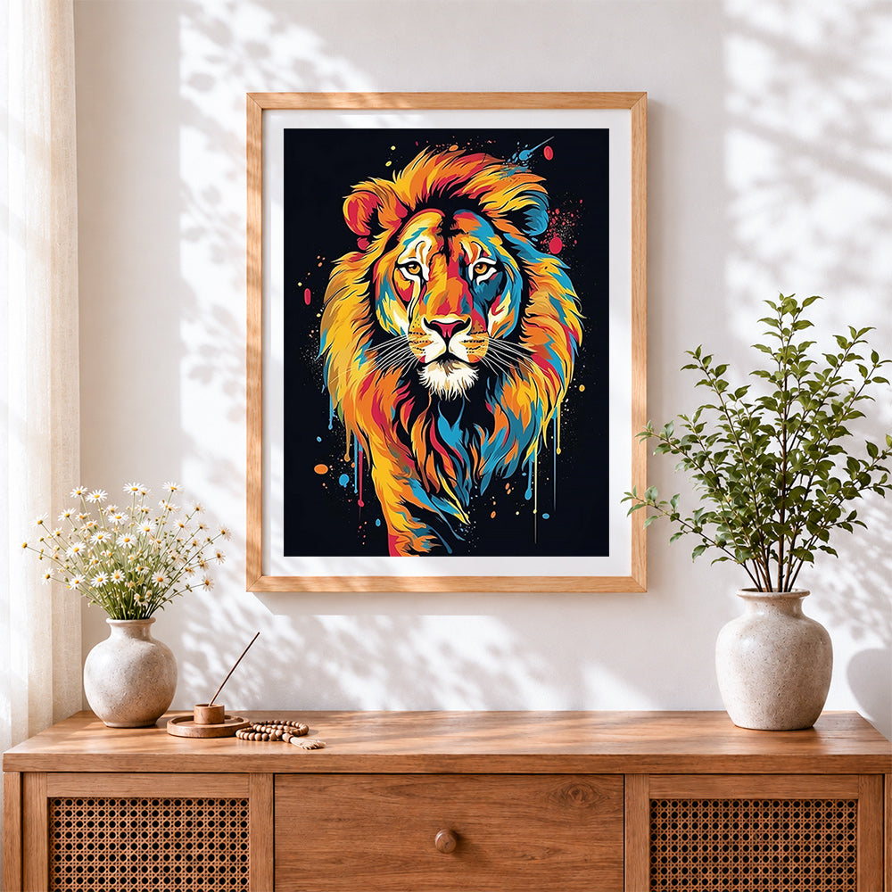 Finished vibrant pop art lion cross stitch artwork displayed