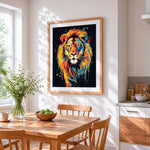 Vibrant pop art lion cross stitch artwork displayed on wall as home decor