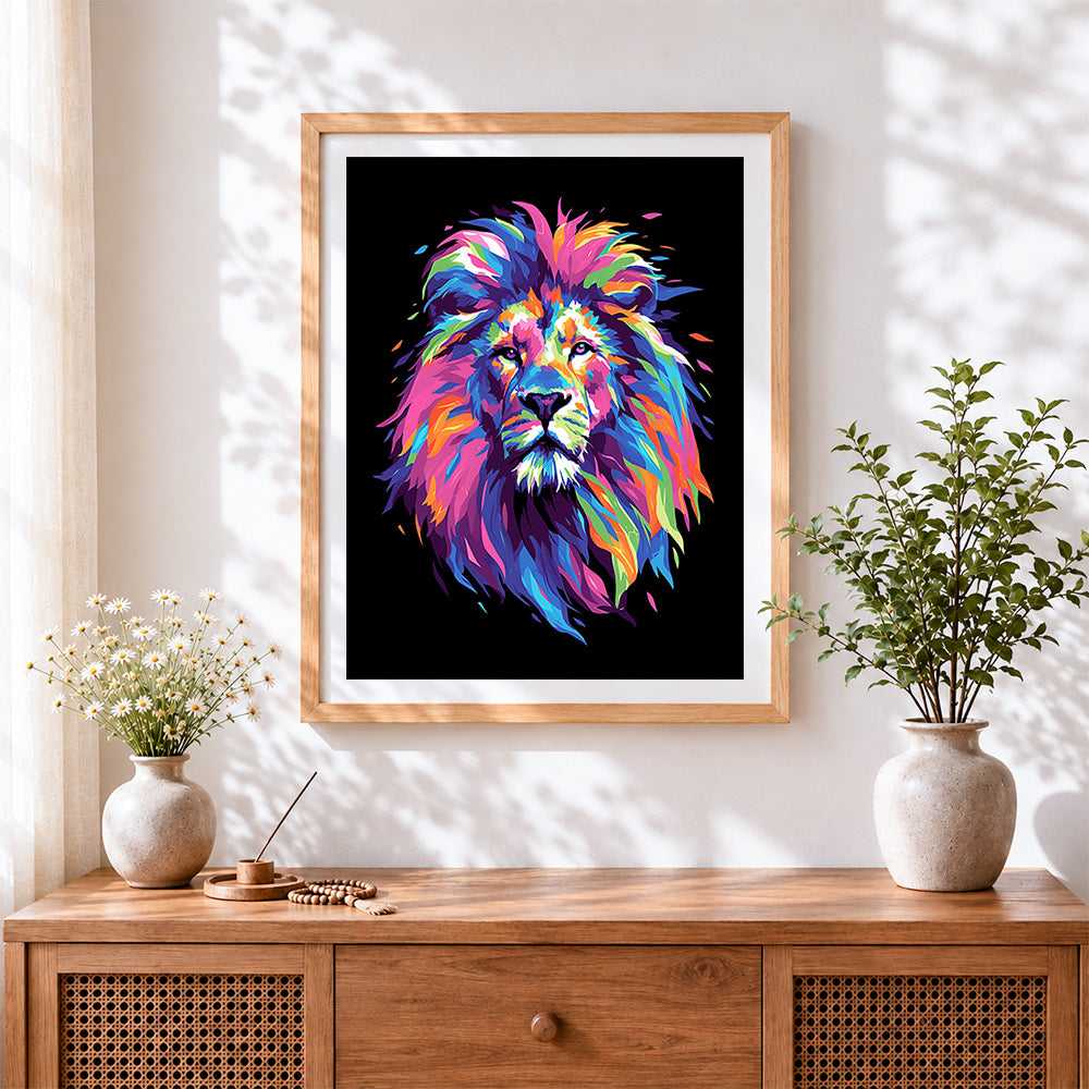 Finished vibrant pop art lion head paint by numbers artwork displayed as home decor