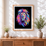 Finished vibrant pop art lion head paint by numbers artwork displayed as home decor