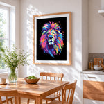 Vibrant pop art lion head paint by numbers artwork displayed on wall as home decor