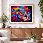 Finished vibrant pop art lion in the darkvibrant pop art lion in the dark cross stitch artwork displayed